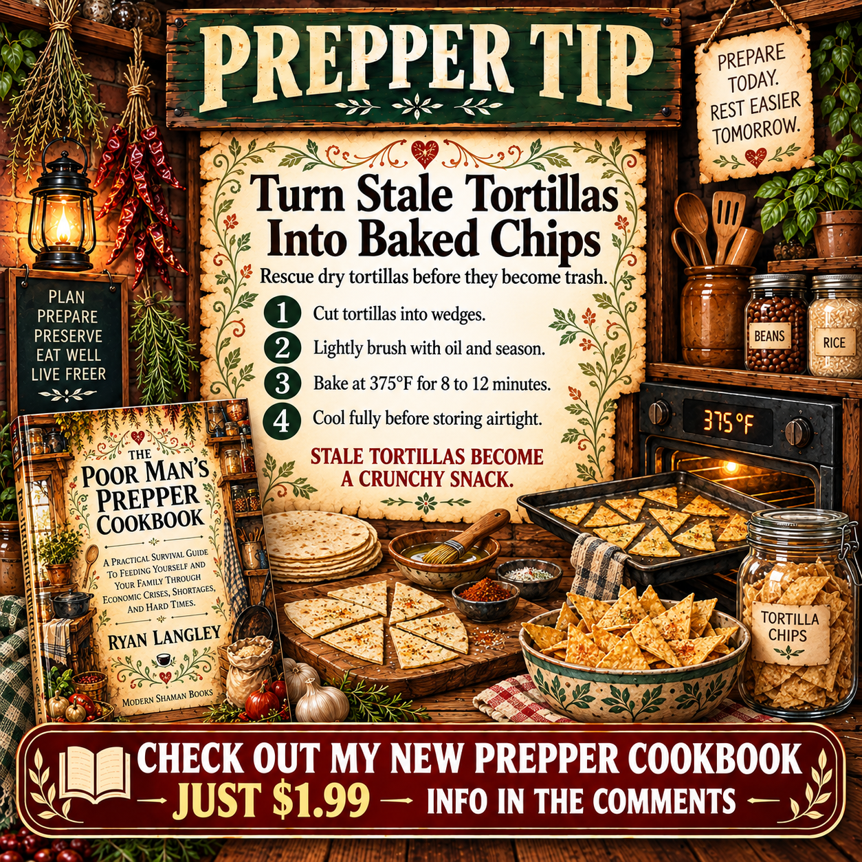 Prepper cookbook slide with steps to turn stale tortillas into baked chips