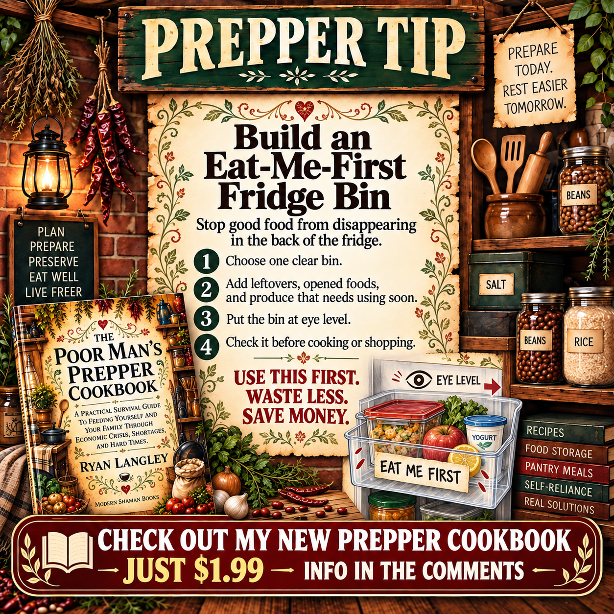 Prepper cookbook slide with four steps for setting up an eat-me-first bin in the fridge