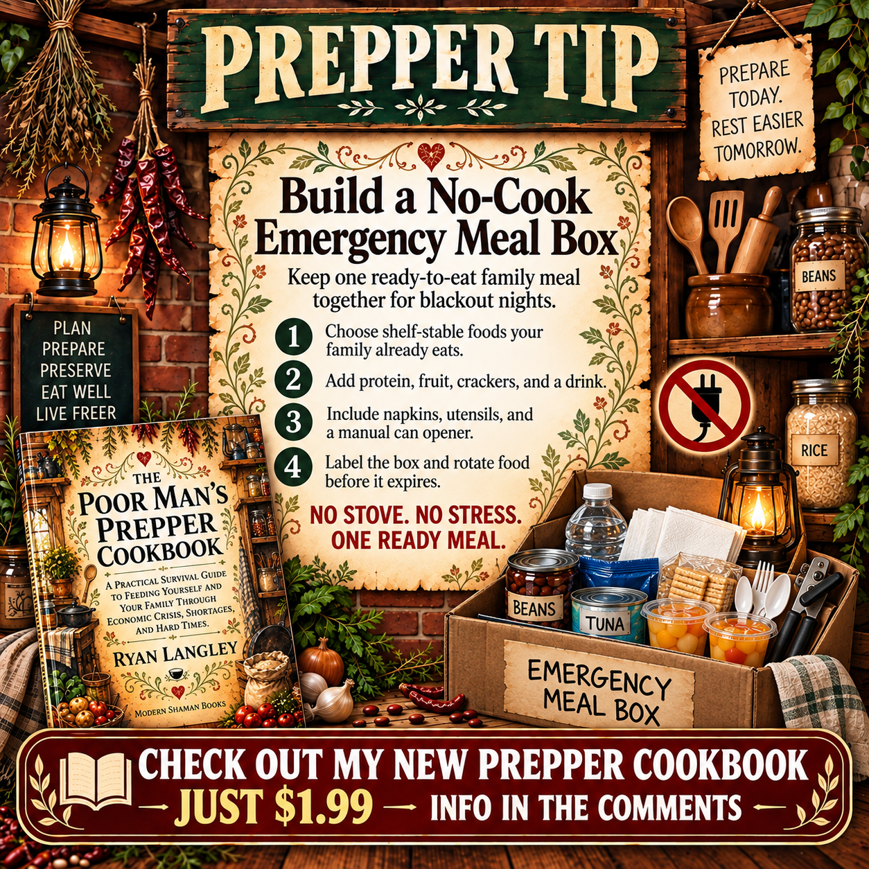 Prepper cookbook slide with four steps for building a ready-to-eat emergency meal box