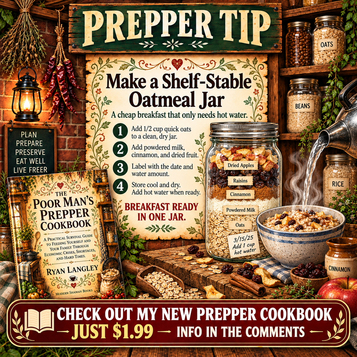 Prepper cookbook slide about layering dry oats and other ingredients in a jar