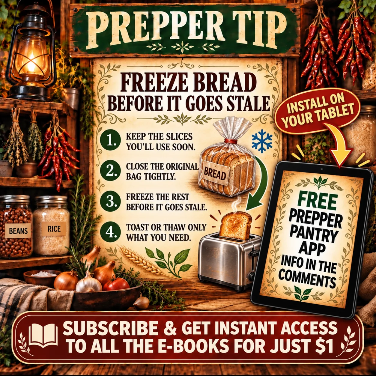 Prepper tip about freezing bread, with a tablet showing the Prepper Pantry app